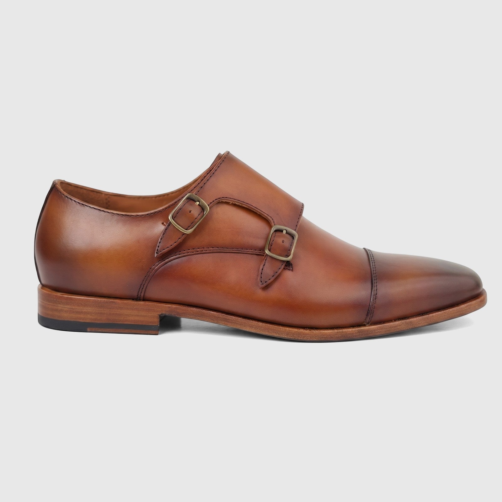 Formales men's brown leather double monk strap dress shoes, slip-on style, shown from the side view.