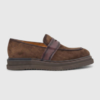 Men's Formales leather slip-on shoe in brown suede with a chunky sole, shown in a side view.