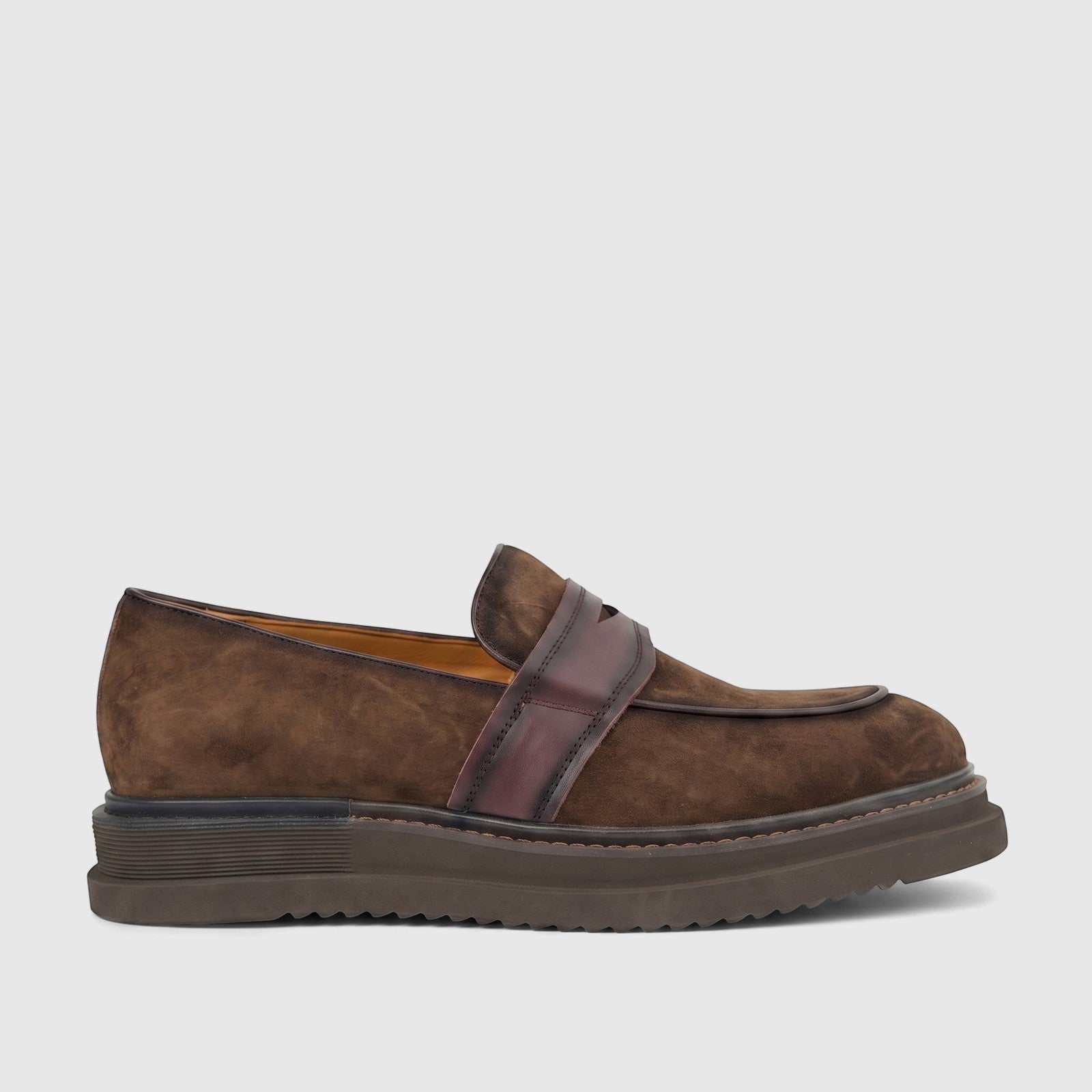 Men's Formales chunky sole slip-on loafer shoe in coffee brown suede with a contrasting leather strap.