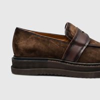 Side view of a Formale's Men's chunky sole slip-on loafer in coffee brown suede with a dark leather strap.