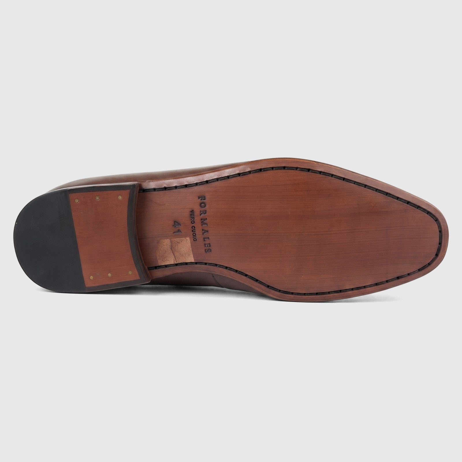 Bottom view of a Formales men's coffee brown leather dress slip-on shoe, showcasing the leather sole with black stitching,