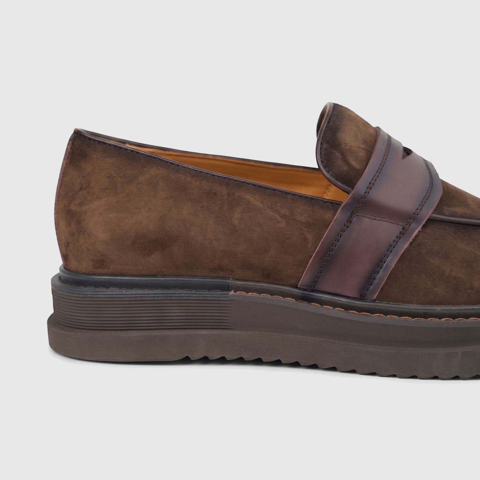 Formales Men's Coffee Brown Suede Leather Chunky Sole Slip On shoe. Close-up side view with a dark leather strap and ridged