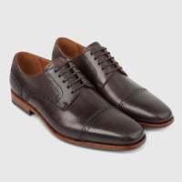 Pair of Formales men's coffee brown leather lace-up dress shoes with cap toe and brogue detailing, side view.