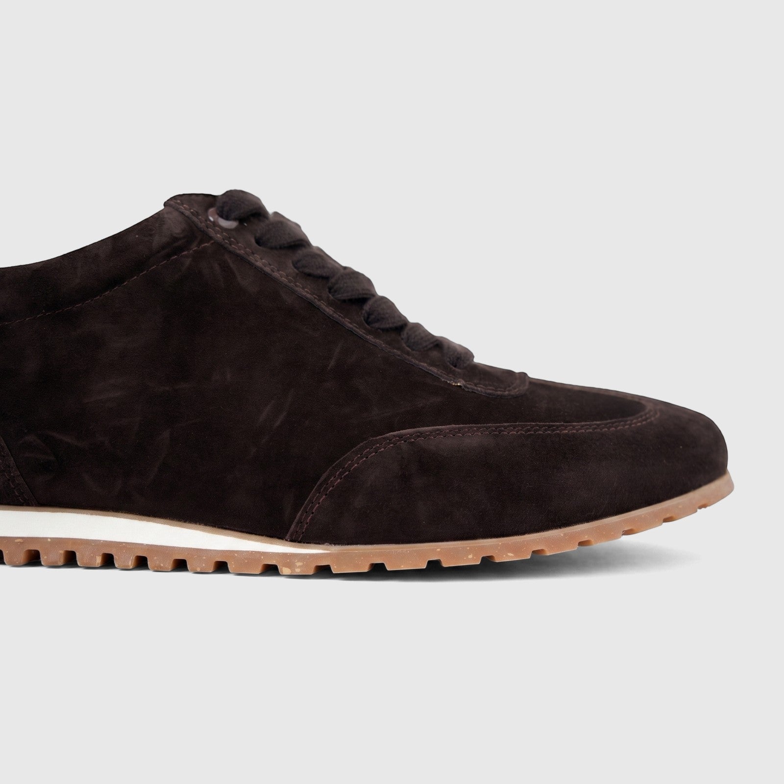 Formales Men's Coffee Leather Sneaker FW267030, dark brown suede with white midsole and tan ridged outsole.