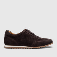 Dark brown suede men's Formales sneaker with a white midsole and brown sole, viewed from the side.