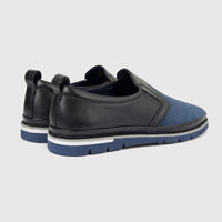 Formales Men's FD265010 casual slip-on sneakers in black leather with blue mesh accents, shown from a rear-side view.