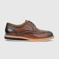 Men's Formales lace-up casual shoe in polished brown leather with black toe cap and brogue detailing, side view.