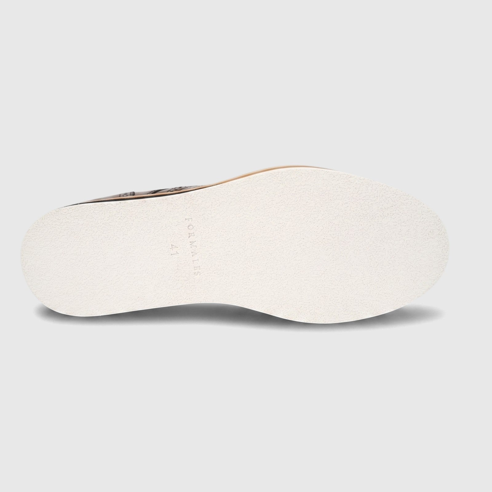 Bottom view of a Formales men's brown leather casual lace-up shoe, showcasing the off-white textured sole with 'FORMALES'