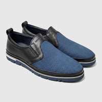 A pair of Formales men's casual slip-on sneakers in black leather with blue perforated textile uppers and white soles, shown