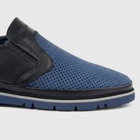 Close-up view of a Formales Men's Leather Casual Sneaker FD265010 in navy blue and black perforated leather.