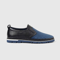Formales Men's Leather Casual Sneaker FD265010 Navy FD28, featuring a perforated blue upper and black leather trim, viewed