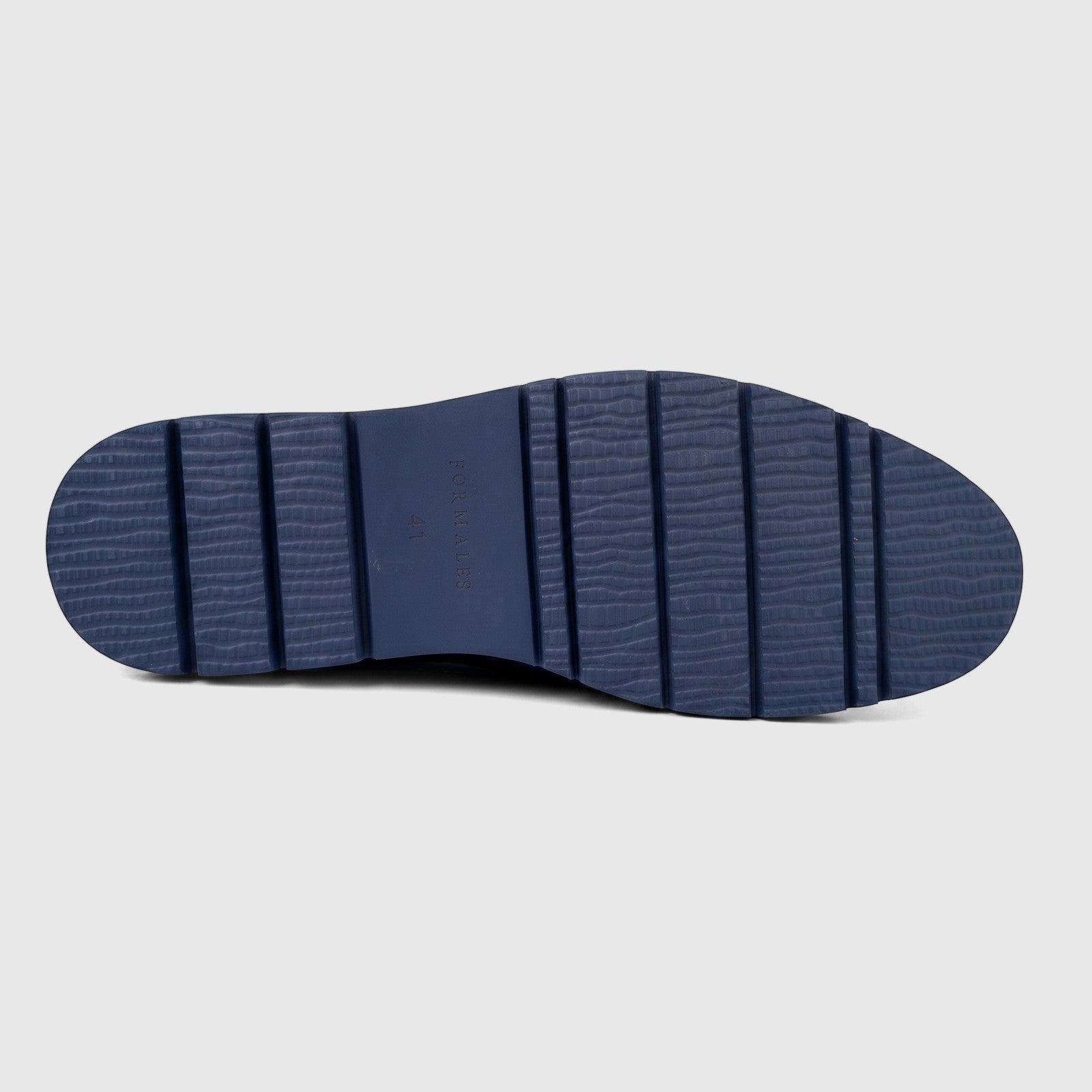 Sole view of a Formales Men's Leather Casual Sneaker FD265010 in navy blue, showcasing the textured outsole pattern and size