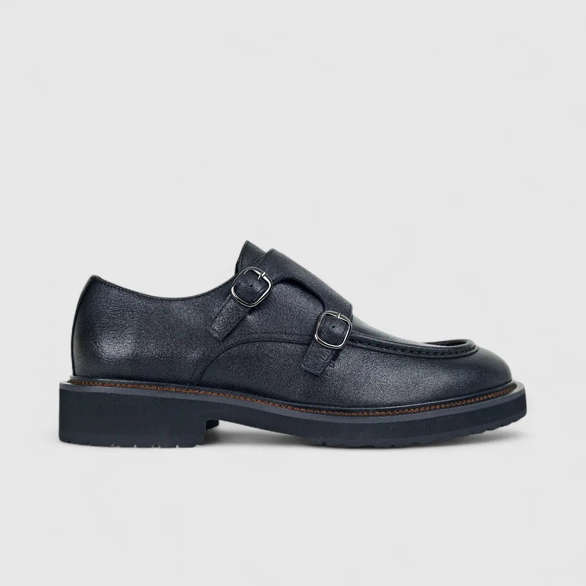 Formales Men's Leather Chunky Sole Double Monk Strap FM2025-833 Black FK17