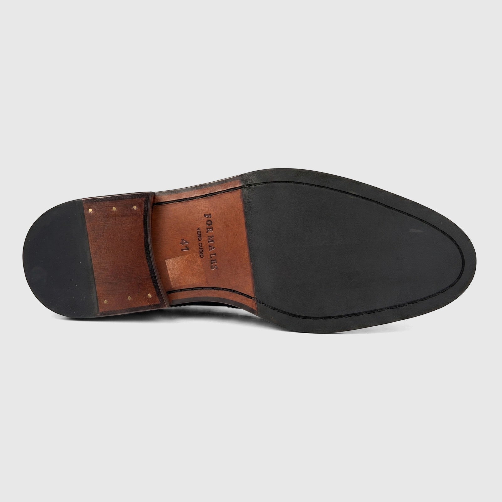 Bottom sole of Formales men's black leather dress shoe, featuring a chunky black rubber front and a brown leather heel. Size