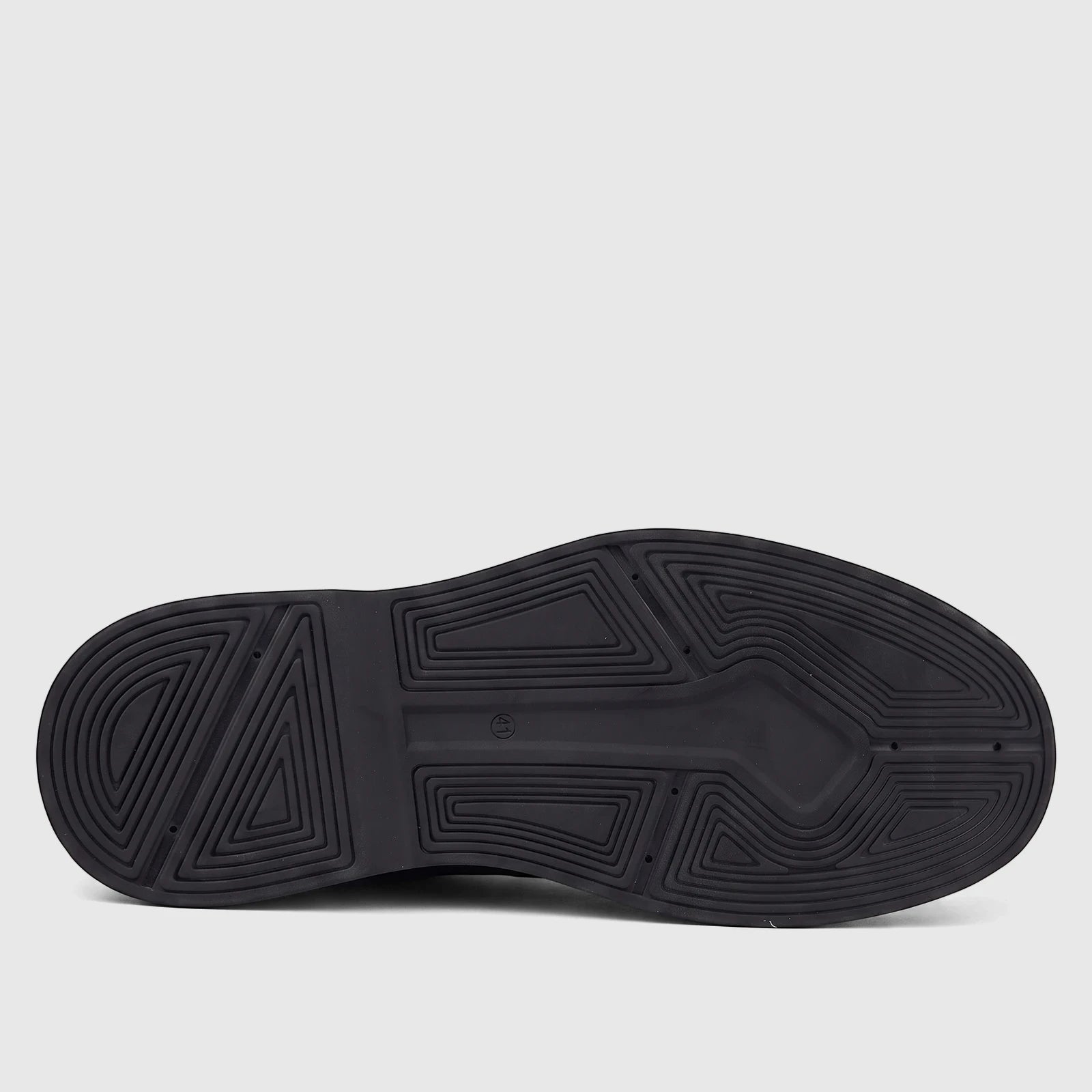 Black Formales Men's Leather Chunky Sole Lace Up 2440 shoe sole, bottom view, showing a geometric traction pattern and size