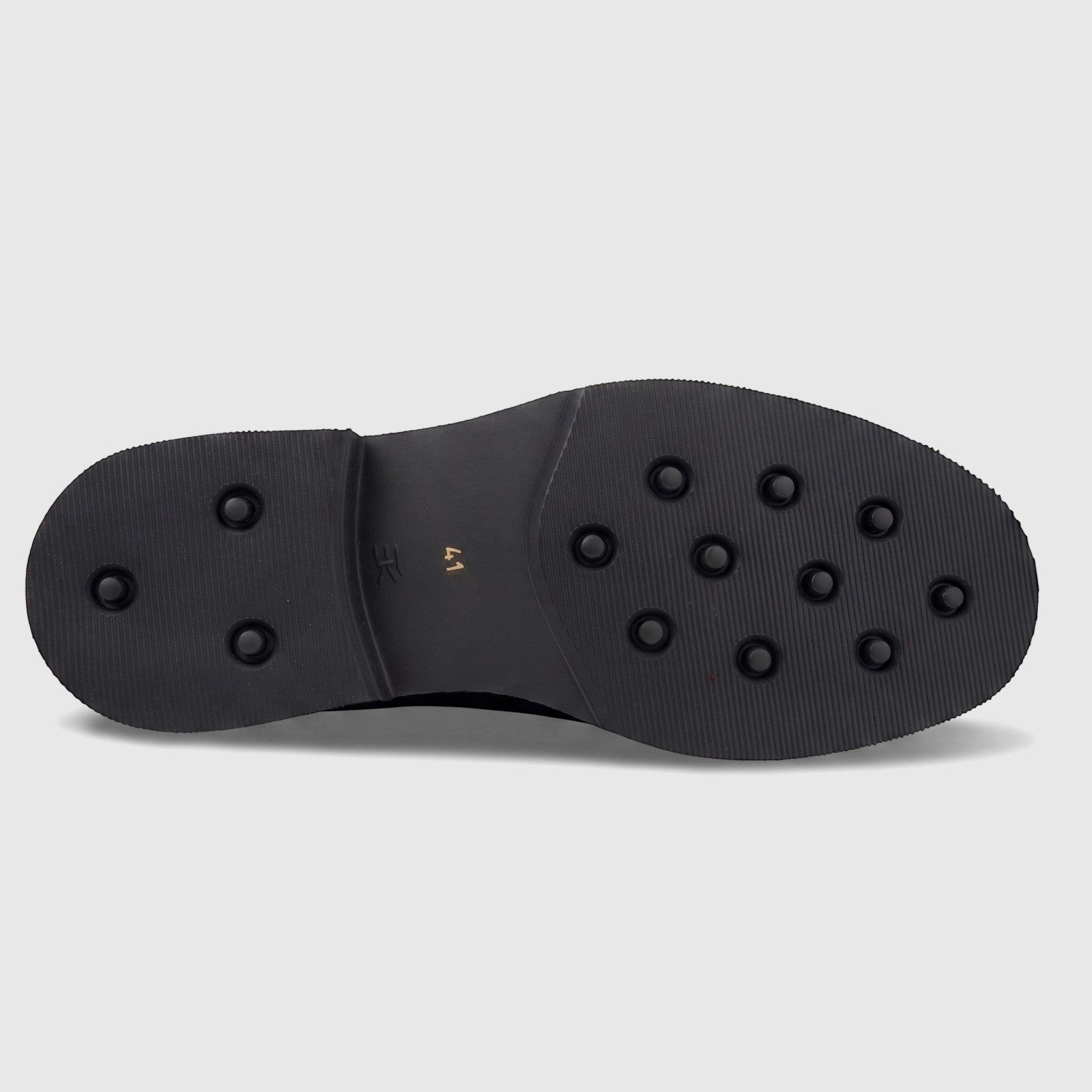 Underside view of a Formales Men's black patent leather chunky sole lace-up shoe, showing the textured sole with size 41.
