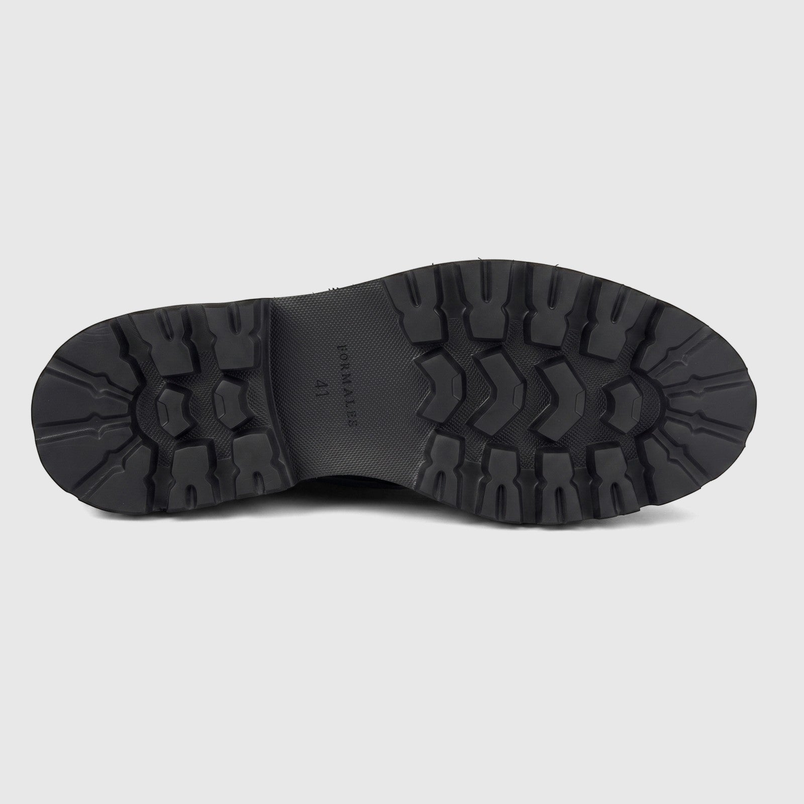 Formles men's leather chunky sole lace up boot, black, shown from the bottom displaying the sole with rugged tread and size