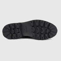 Formles men's leather chunky sole lace up boot, black, shown from the bottom displaying the sole with rugged tread and size