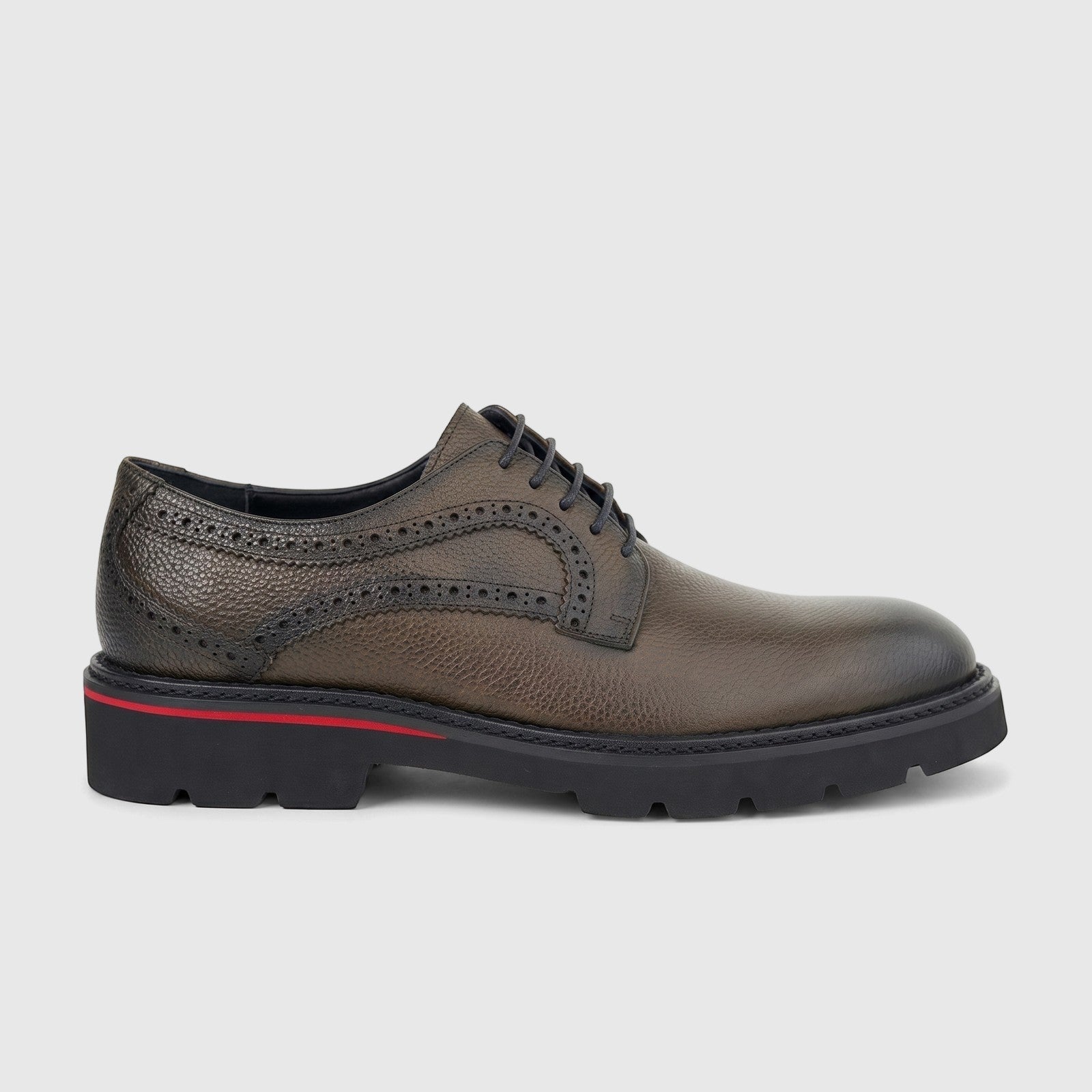 Khaki Formales Men's Leather Chunky Sole Lace Up shoe, featuring brogue perforations and a red stripe on the side.