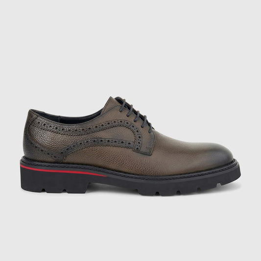 Khaki Formales Men's Leather Chunky Sole Lace Up shoe, featuring brogue perforations and a red stripe on the side.