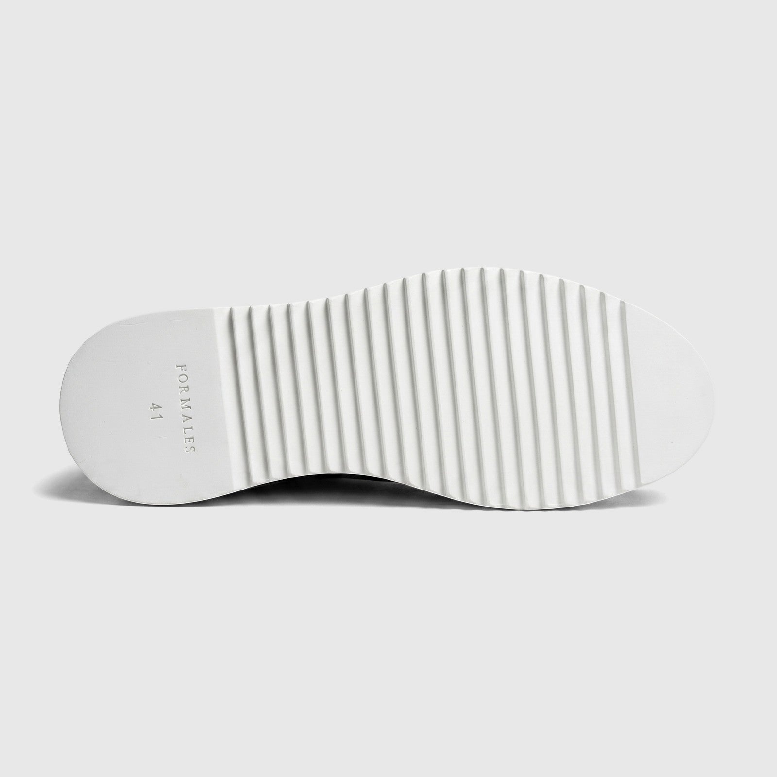 Bottom view of a Formales Men's Leather Chunky Sole Lace Up shoe, featuring a white ribbed sole with 'FORMALES 41' branding.