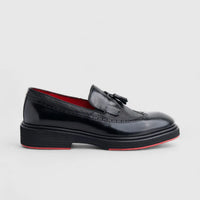 Formales Men's (UK4 TO UK12) Leather Chunky Sole Loafer With Brogue,Tassel And Fringe 0603 Black Combo FC142