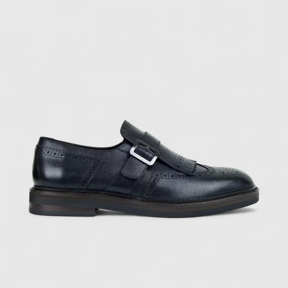Formales Men's Leather Chunky Sole Monk Strap With Fringe FM2025-839 Black FK12