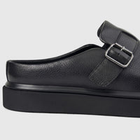 Formales Men's Leather Chunky Sole Mule in black, featuring a grained leather upper, a silver buckle, and a modern chunky
