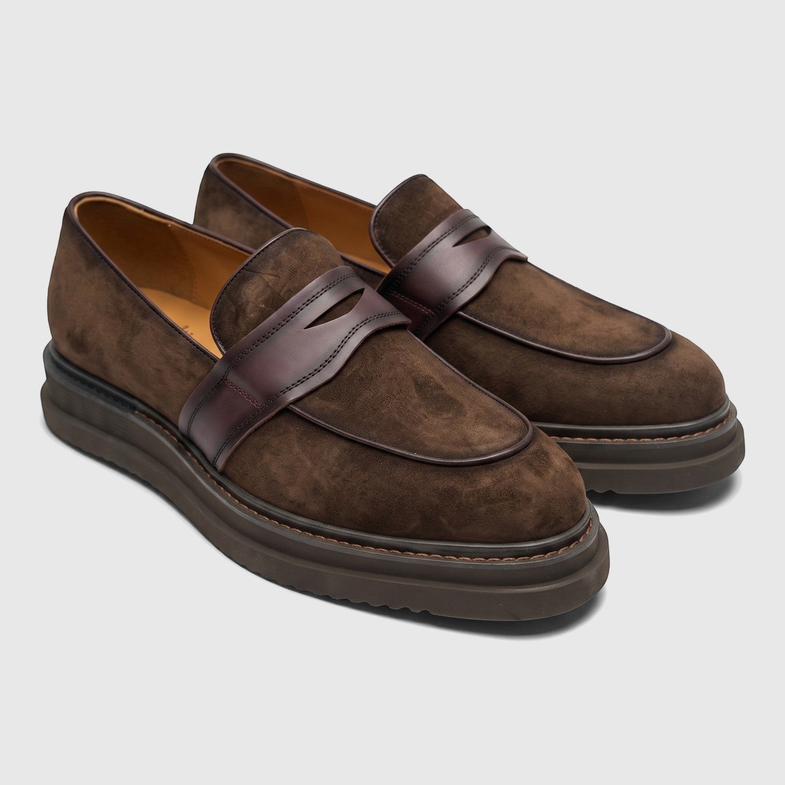 Formales Men's Leather Chunky Sole Slip On FW267025 Coffee FW12 shoes, made of brown suede with dark brown leather straps