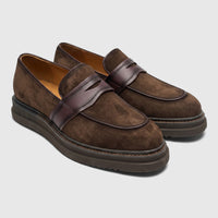 Formales Men's Leather Chunky Sole Slip On FW267025 Coffee FW12 shoes, made of brown suede with dark brown leather straps