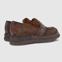 A pair of Formales Men's Leather Chunky Sole Slip On Loafers in a rich coffee brown, viewed from the side, showcasing the