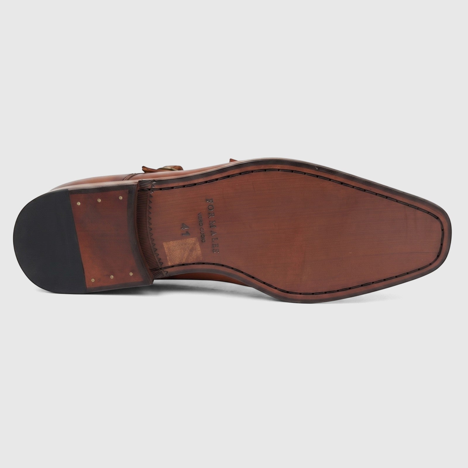 Formales Men's brown leather double monk strap dress slip-on shoe, showing the detailed sole from a low angle.