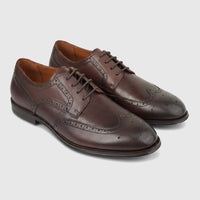 Brown leather men's dress shoes with brogue detailing and black laces, presented in a studio shot.