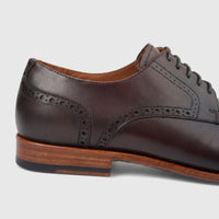 Formales Men's Leather Dress Lace Up shoe in coffee brown, featuring brogue details and a stacked wooden heel.