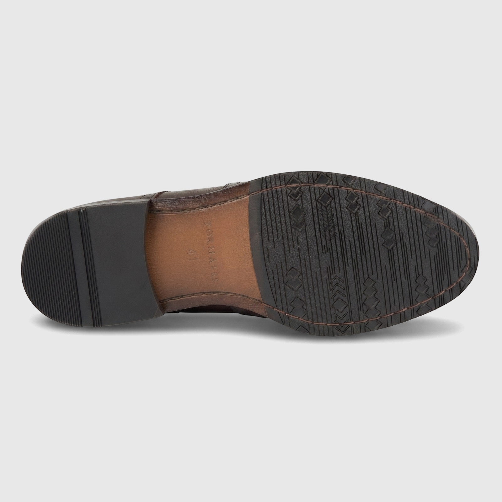 Formale's Men's Leather Dress Lace Up shoe in coffee brown, featuring a durable black rubber sole with patterned tread,