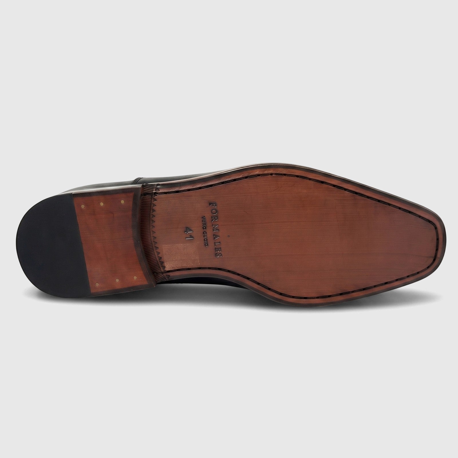 Formale's black leather men's dress shoe sole, showcasing the brown leather and size 41, viewed from the bottom.