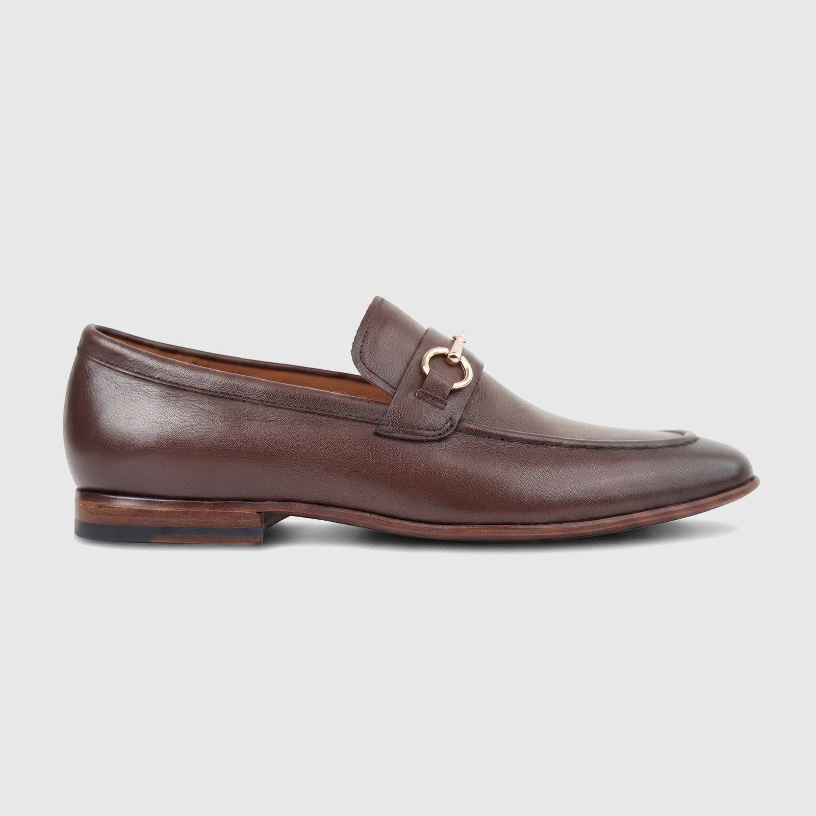 Formles Men's Leather Dress Slip On FD265001 Coffee FD21 loafer in rich brown leather with gold-tone horsebit detail, side