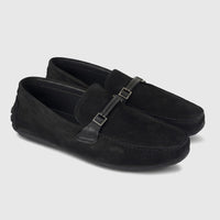 Pair of black suede Formales Men's Leather Loafer shoes with silver buckle details, viewed from a slight angle.