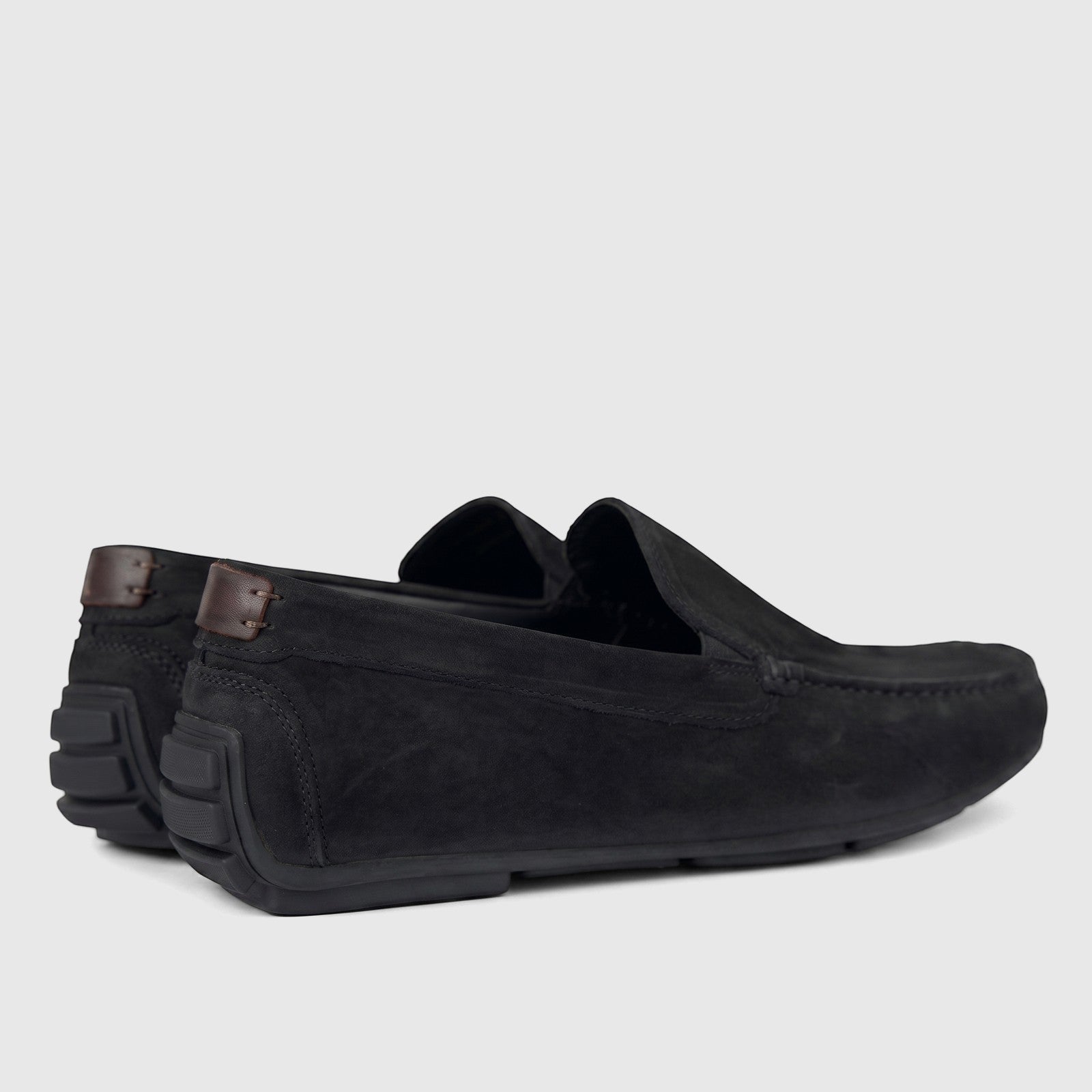 Formale's Men's Leather Loafer FT268019 in black suede, with brown heel tabs and rubber soles, viewed from the rear-quarter.