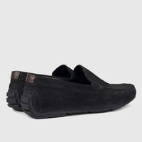 Formale's Men's Leather Loafer FT268019 in black suede, with brown heel tabs and rubber soles, viewed from the rear-quarter.