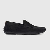 Side view of Formales Men's Leather Loafer FT268019 Black FK74. Black suede-like moccasin with a subtle brown heel accent.