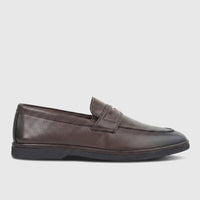 Formale men's coffee brown leather penny loafer shoe, featuring a classic slip-on design and a durable black sole.