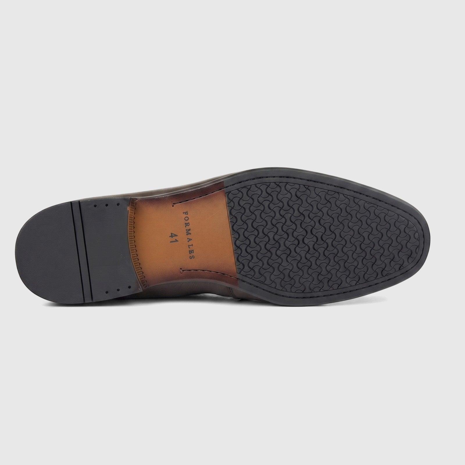 Formales Men's Leather Loafer FT268006, coffee brown, bottom sole view with black rubber pattern and size 41.