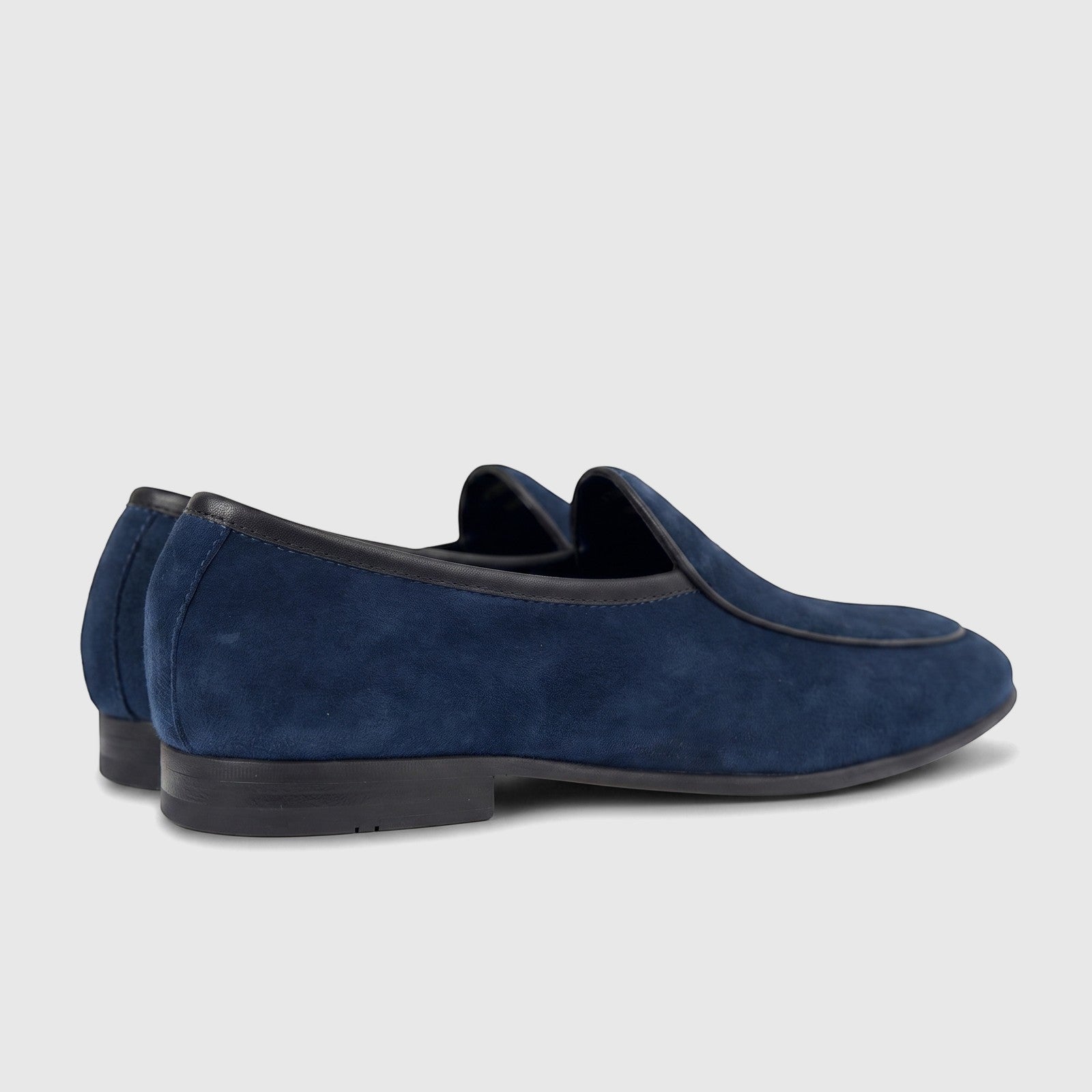 Formales Men's Leather Loafer FT268004 in navy blue suede, featuring black trim and soles, photographed from a side-rear