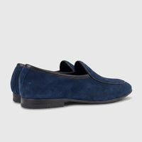 Formales Men's Leather Loafer FT268004 in navy blue suede, featuring black trim and soles, photographed from a side-rear