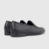 Two black Formales Men's Leather Loafer FT268005 shoes, shown from a rear-side view, highlighting smooth leather and classic
