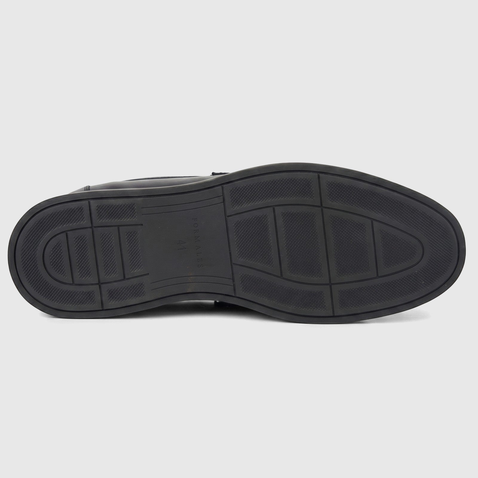 Underside view of a Formales Men's Leather Loafer FT268007 Black FK65, showcasing its durable black patterned sole with