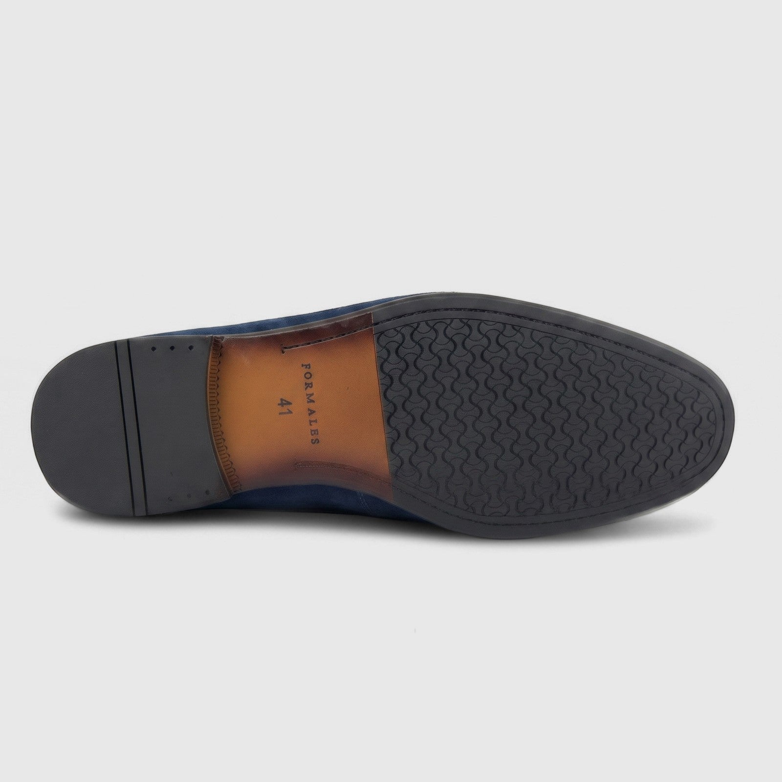 Bottom view of Formales Men's Leather Loafer FT268004 Navy FK62, showcasing the dark blue suede upper and detailed black and