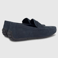 A pair of navy blue Formales men's leather loafers, made of nubuck, shown in a side profile view, highlighting the textured