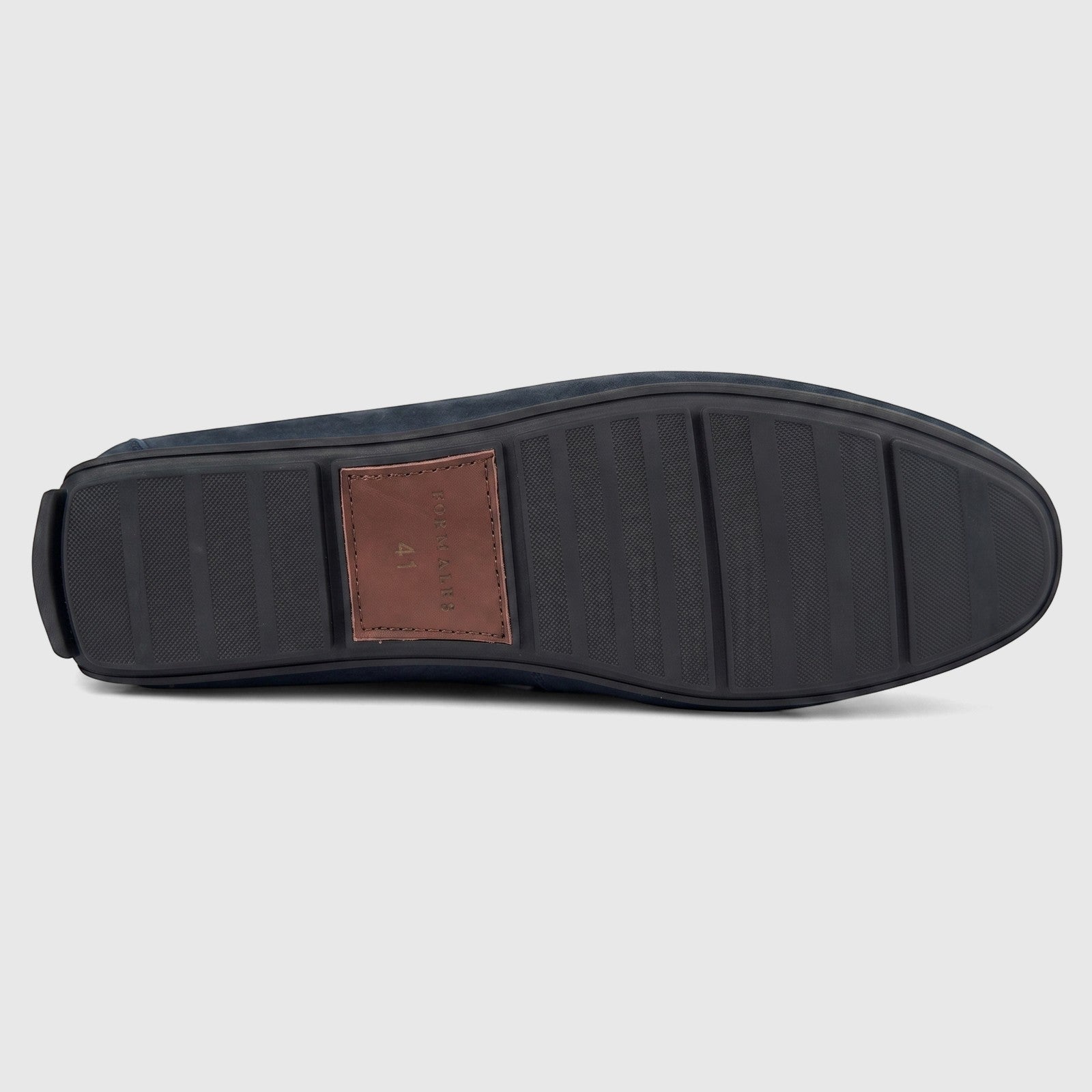 Bottom view of a Formales Men's Leather Loafer FT268016 in navy blue, showcasing the black rubber sole and brown branding